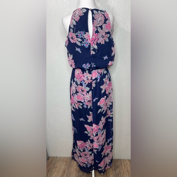 Navy Pink Floral Chiffon Maxi Dress Romantic Cottagecore Spring Wedding Guest Md - Picture 11 of 14